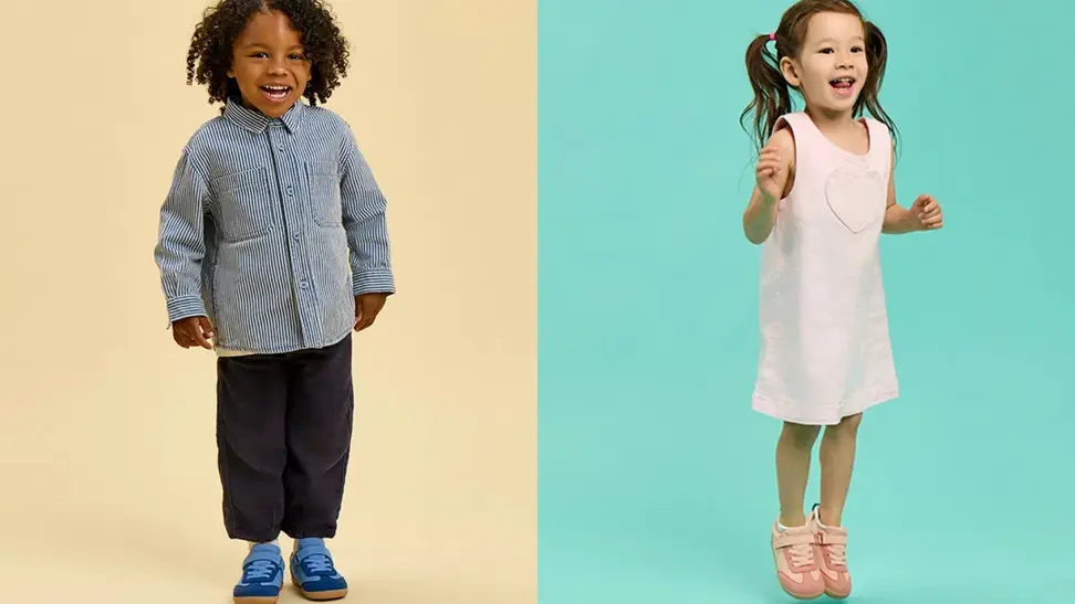 Two children wearing Ten Little retro suede sneakers
