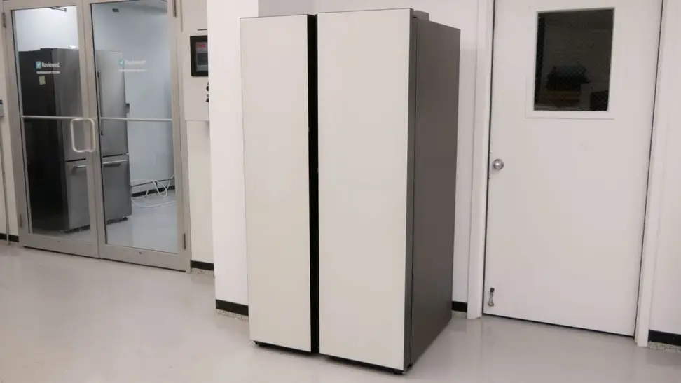 A Samsung Bespoke RS28CB7600 side-by-side refrigerator in the testing lab.