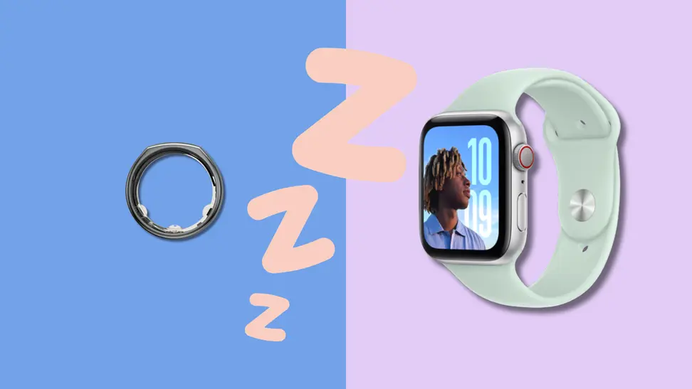 An Oura ring and an Apple Watch sit on a dual-tone background with ZZZs