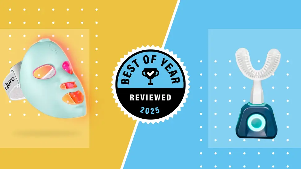 Reviewed 2025 best of beauty award winners Qure and Y-brush on yellow and blue background