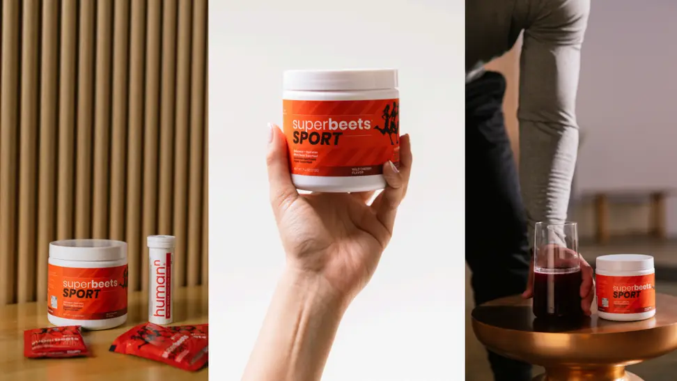 Three lifestyle shots of the Humann SuperBeet pre workout powder.