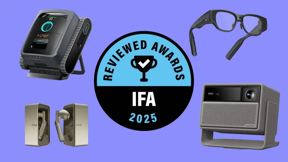 A pool robot cleaner, a pair of glasses, a projector, and a set of ear buds sit on a purple background surrounding a round award badge for IFA 2025