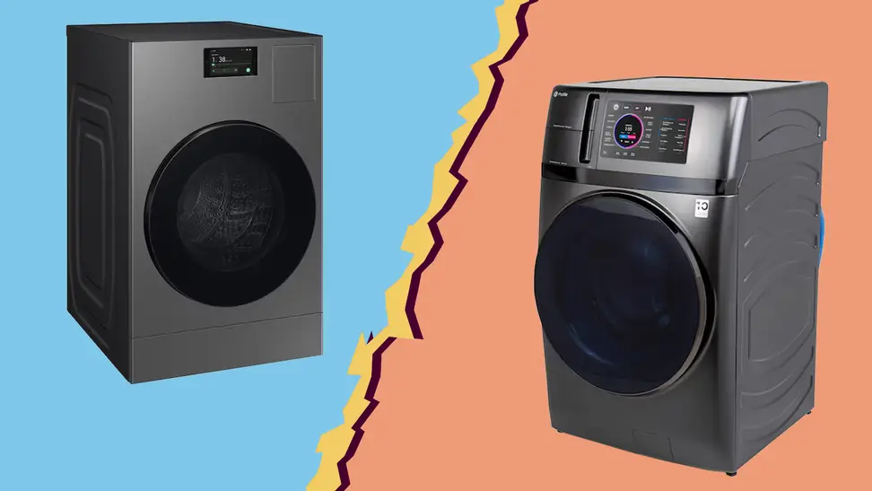 GE Profile Washer Dryer Combo and Samsung Bespoke AI Washer Dryer Combo on ripped paper background
