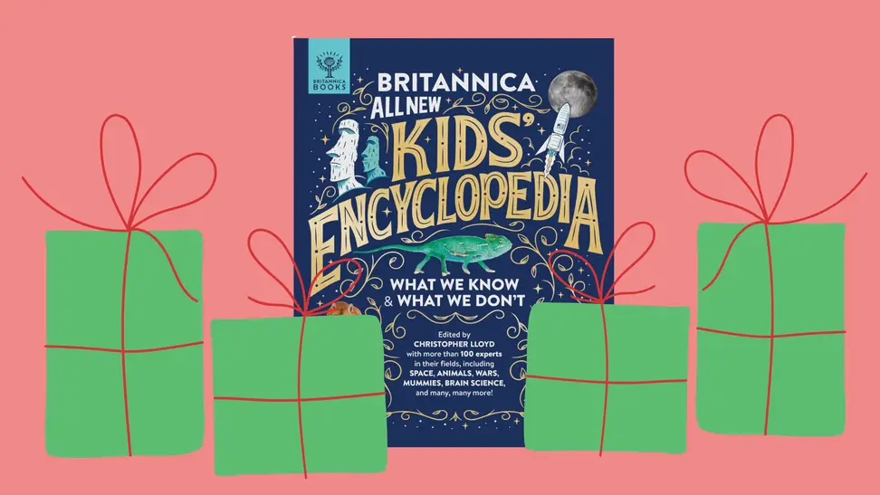 A Britannica Kids Encyclopedia with gift illustrations around it on a red background