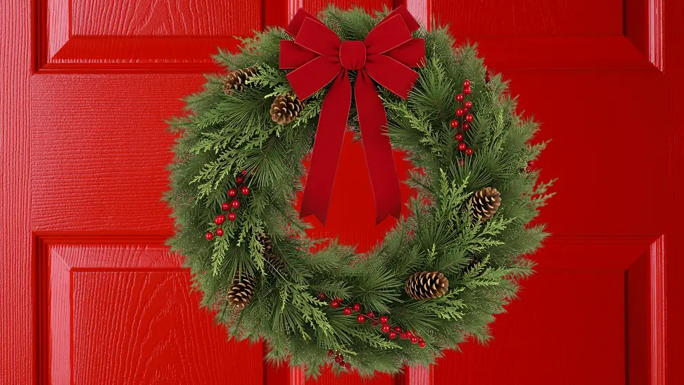 a red door with an evergreen holiday wreath