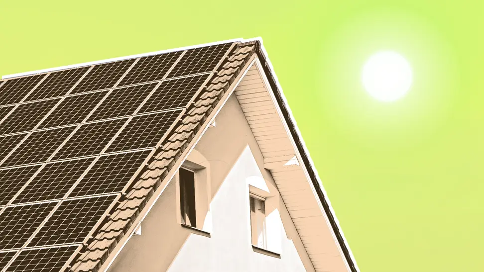 Cartoon graphic of the sun hanging over the roof a suburban home.