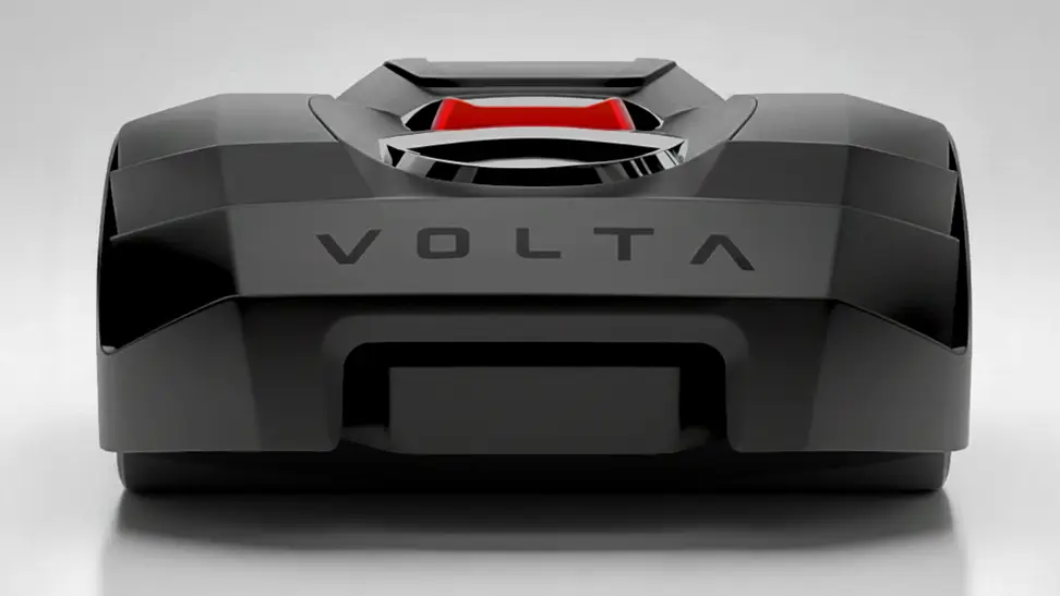 A black robot lawn mower that says VOLTA across the side