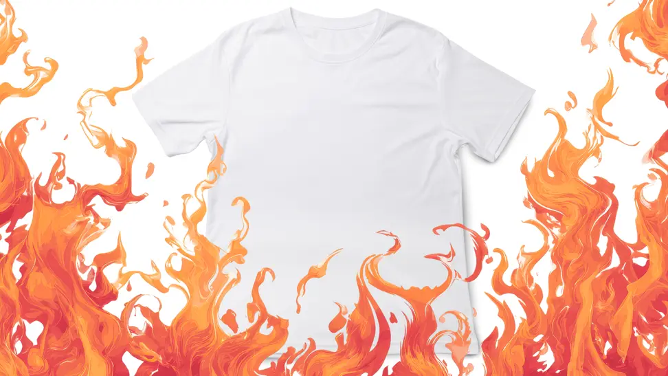 A white t-shirt on a white background has flames leaping over it