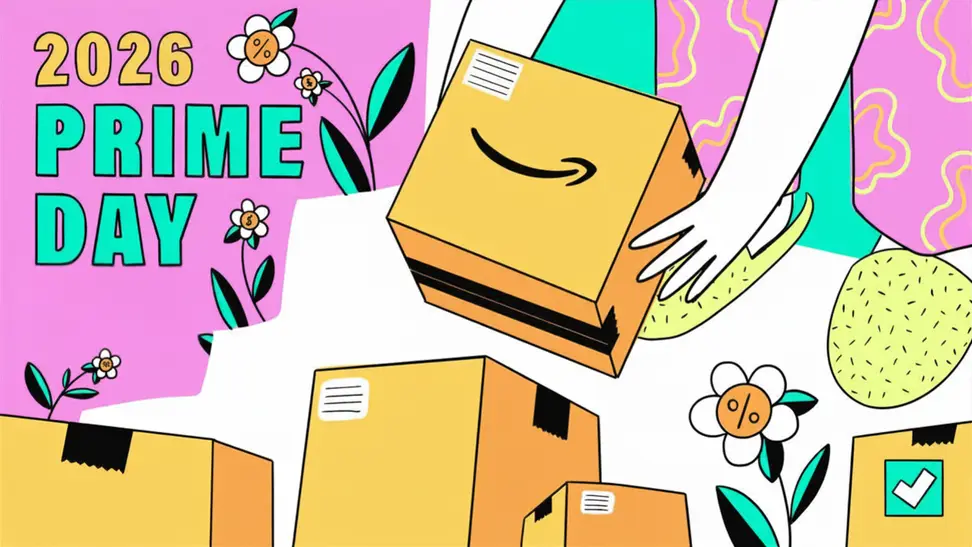 An illustration of a person picking up an Amazon package from her doorstep and then the words 2026 Prime Day Prime Day