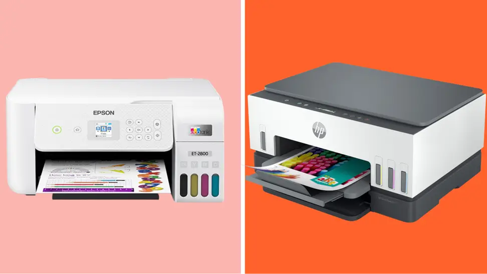 The HP Smart Tank 6001 and Epson EcoTank ET-2800 side by side on salmon and orange background