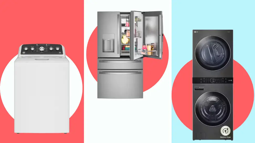 Graphic featuring a washing machine, French-door refrigerator, and stacked washer-dryer set against colorful backgrounds, highlighting popular deals during a Memorial Day appliance sale event.