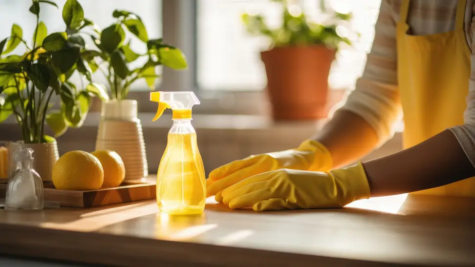 Person wearing yellow gloves cleans the kitchen counter