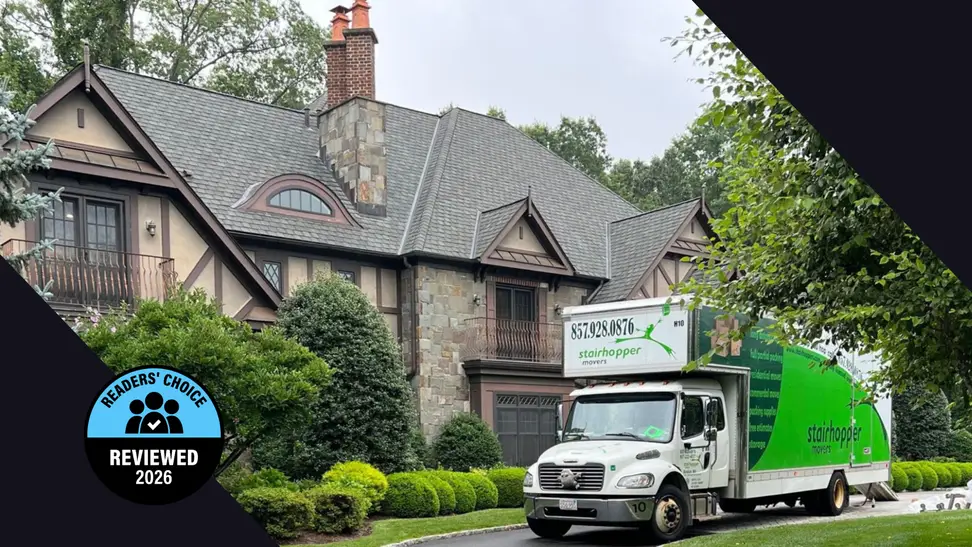 Reviewed's Readers' Choice Award winner badge over an image of a moving truck at a house